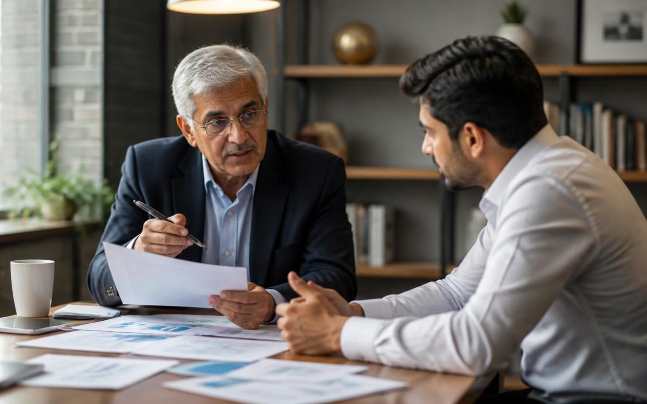 A senior advisor reviewing a growth plan with an entrepreneur across a table