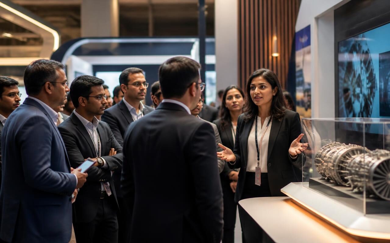 An entrepreneur presenting her enterprise to an engaged audience at a business forum