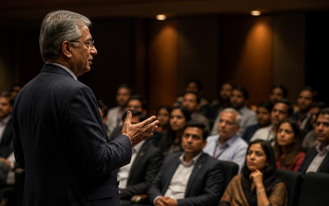 A senior business leader addressing entrepreneurs at a leadership seminar