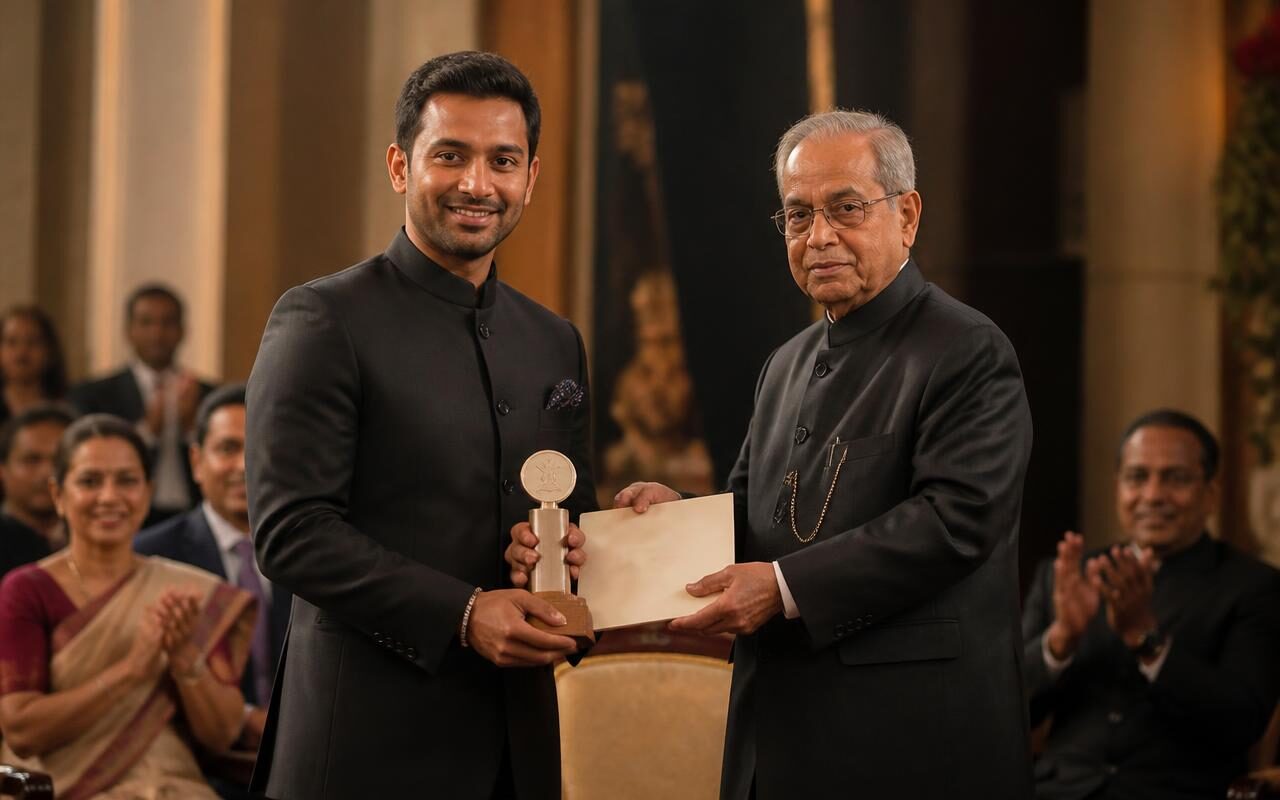 An entrepreneur receiving a recognition award at a formal institutional ceremony