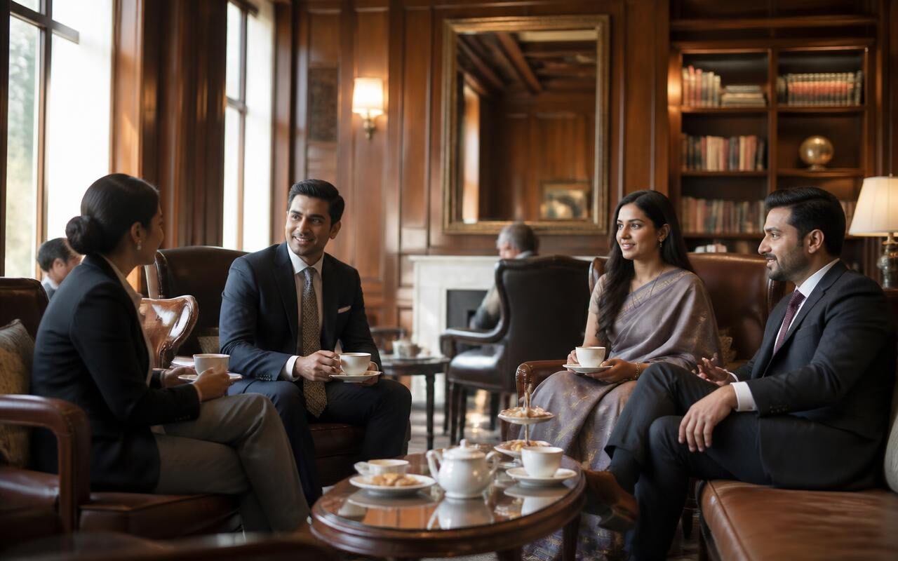 Members in conversation in an elegant private business lounge