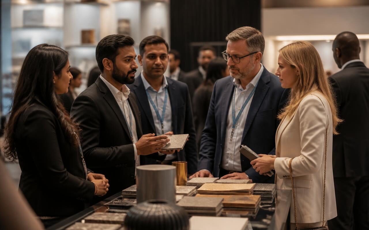 Indian entrepreneurs meeting international delegates at a trade exhibition