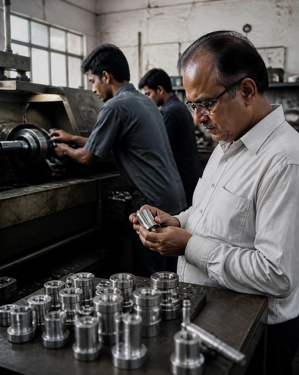 Owner of a small precision manufacturing unit inspecting machined components